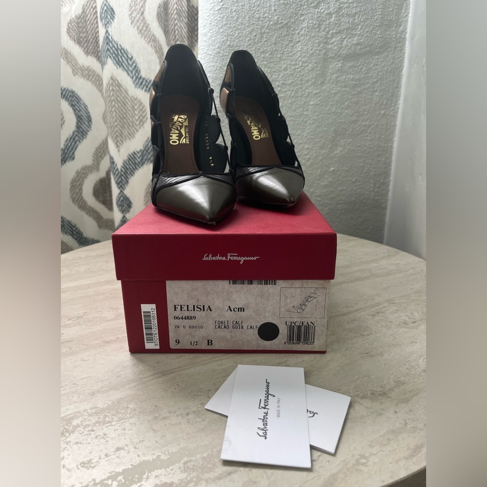 Salvatore Ferragamo Black and Silver Heels